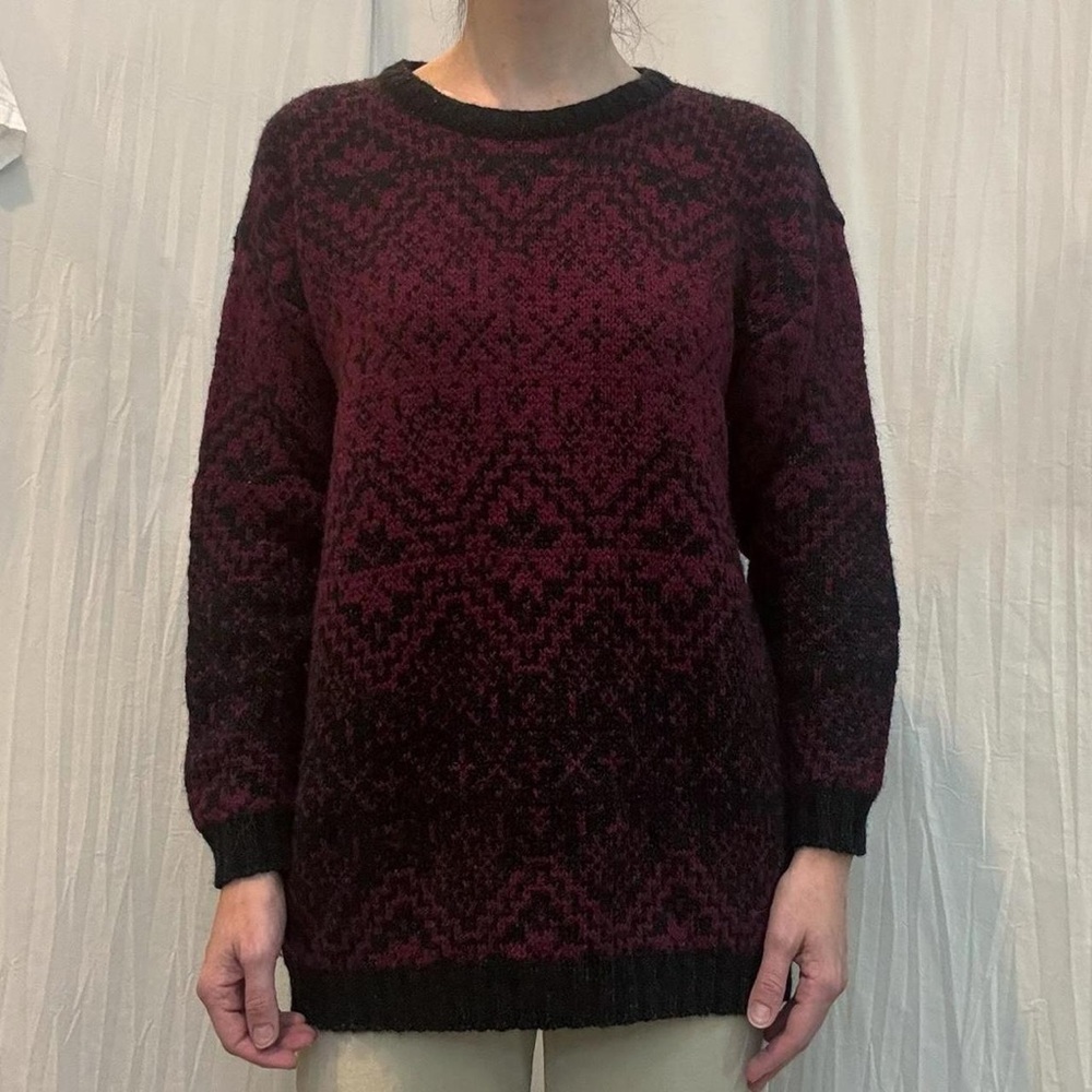 Burgundy and Black Ombré Fair Isle‎ Nordic Wool Oversized Sweater VTG 80s 90s